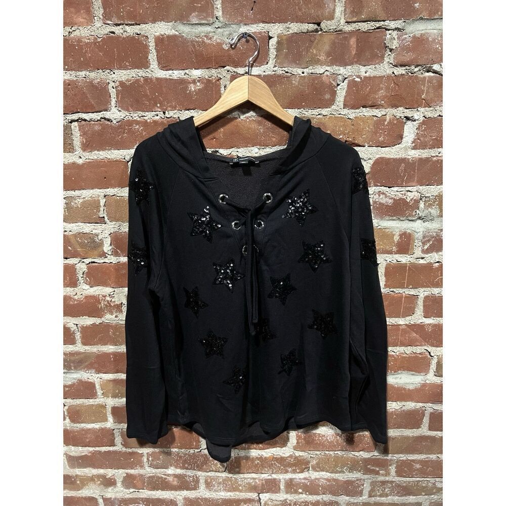 International Concepts Womens Black Pullover Sweatshirt Lightweight Hooded 2XL